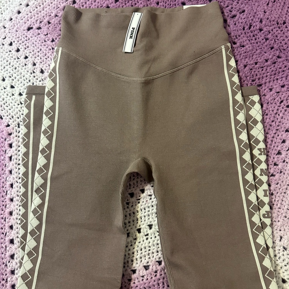 PINK Victoria's Secret Brown Leggings with Cream Side Pattern
